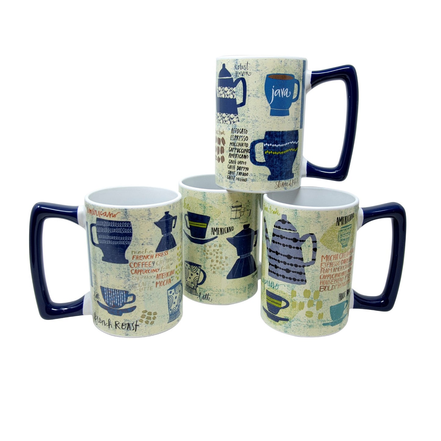 22 Oz Modern Cafe Mugs- 4 Assorted Designs