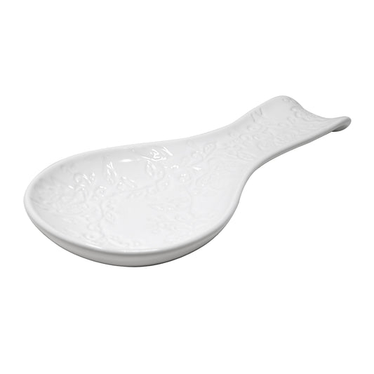 9" White Debossed Floral Spoon Rest