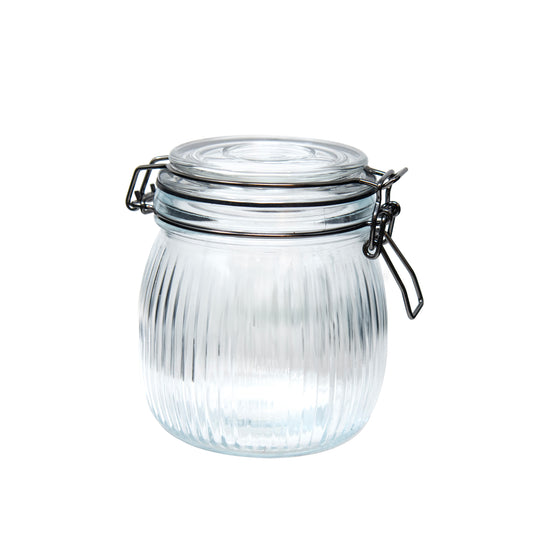 Round Ribbed 15 Oz Glass Jar W/ Glass Lid