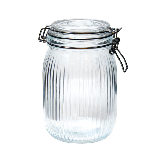 Round Ribbed 25 Oz Glass Jar W/ Glass Lid