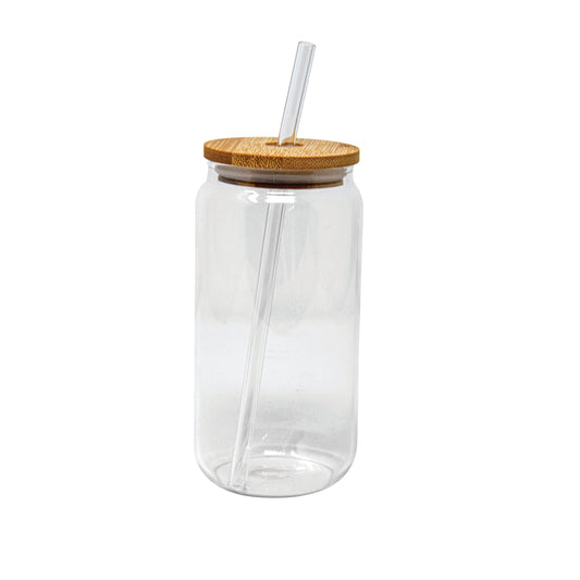 Borosilicate 16.9 Oz Drinking Glass With Bamboo Lid And Glass Straw