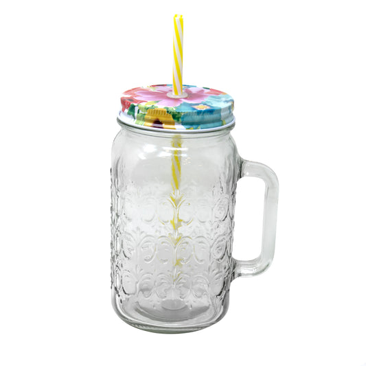 Mason Jar 32 Oz Glass Mug W/ Handle And Straw