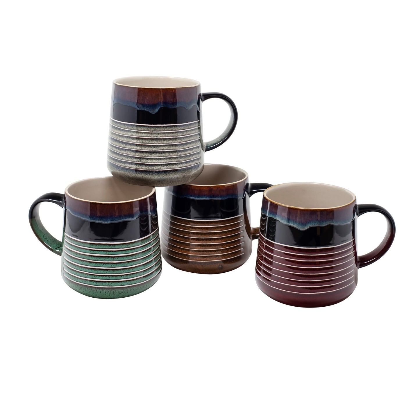 17 Oz Reactive Glaze W/ Horizontal Stripe Mugs- 4 Assorted Designs