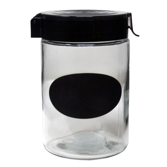 Cylinder 43 Oz Glass Jar W/ Black Plastic Pop Up Lid And Chalkboard